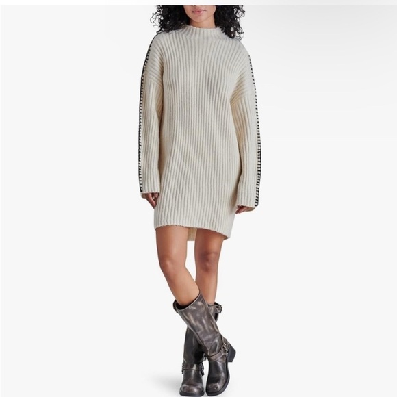 Steve Madden Dresses & Skirts - Steve Madden Women's Gemma Dress Ribbed Mock Neck White Black Stitching